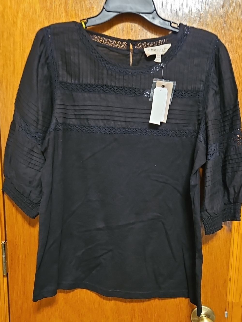 Philosophy Navy Pintuck & Lace Sleeve Top